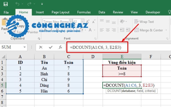 cach su dung ham dcount trong excel vi du 1 congngheaz