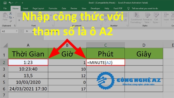 cach su dung ham minute trong excel congngheaz